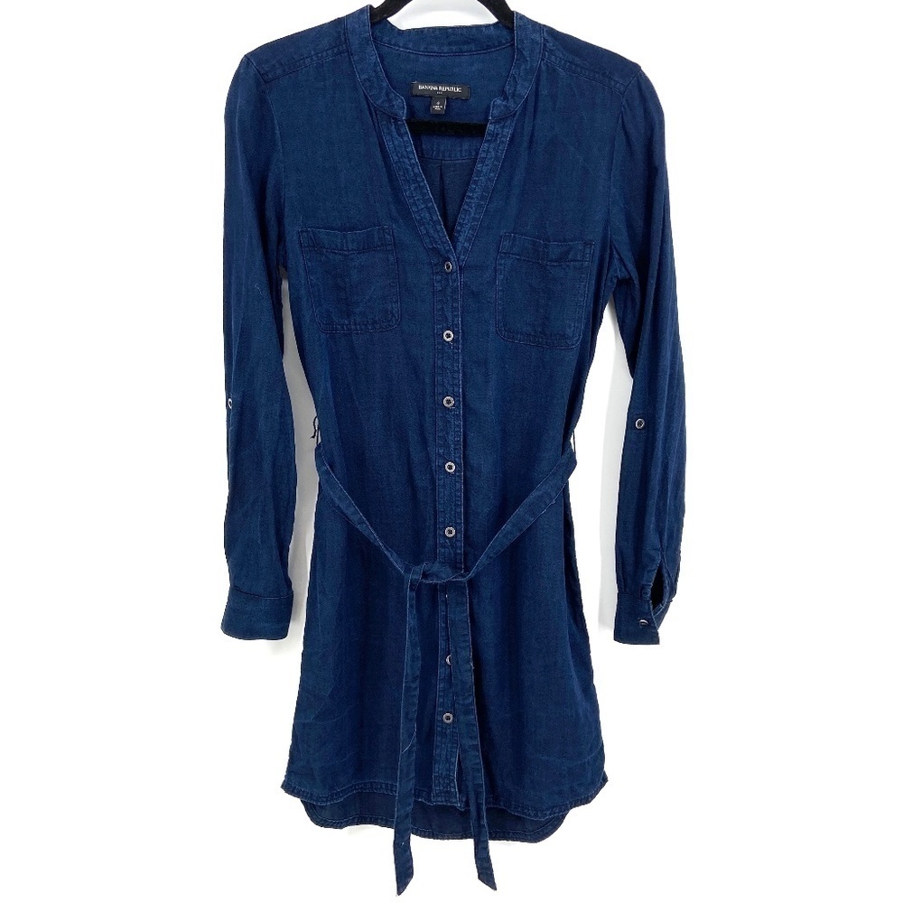 BANANA REPUBLIC Dark Blue Chambray Roll Tab Sleeve Button Up Waist Tie Dress 0